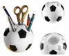 A product shot of a soccer ball-shaped pen holder filled with pens and scissors, with two additional views of the holder. Produktbild-Vorschau