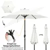 A collage of images showing a white patio umbrella, its tilting mechanism, and how it folds. Produktbild-Vorschau