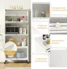 A white kitchen cabinet with various items on its shelves, presented with overlaid text and close-up feature highlights. Anteprima dell’immagine prodotto