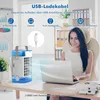 A woman is working on a laptop next to a portable air cooler on a desk. Produktbild-Vorschau