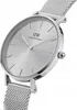 A close-up, angled shot of a silver Daniel Wellington watch with a mesh band, presented on a white background. Produktbild-Vorschau