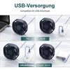 Collage of four images showing a mini USB fan powered by different sources: a laptop, a USB hub, a wall charger, and a power bank. Text overlays indicate the connection methods. Produktbild-Vorschau