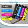 A collection of printer ink cartridges with labels indicating their color and quantity, presented on a light gray and white background. Produktbild-Vorschau