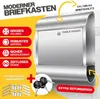 A marketing image for a modern mailbox, highlighting its features and included accessories. Produktbild-Vorschau