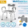 A shower chair with various features highlighted by text and icons. Produktbild-Vorschau