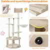 A multi-level cat tree with various platforms, a hammock, and scratching posts, presented with feature callouts. Anteprima dell’immagine prodotto