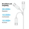 A white USB-C cable with two connectors is shown, with text highlighting its durability and testing metrics. Produktbild-Vorschau