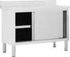 A stainless steel work cabinet with sliding doors and an open shelf. Náhľad obrázku produktu