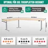 An L-shaped standing desk frame with dimensions and customer review ratings. Produktbild-Vorschau