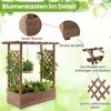A detailed diagram of a wooden planter box with a trellis and hanging baskets, highlighting its features with German text labels. Produktbild-Vorschau