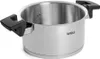 A stainless steel cooking pot with black handles is shown against a white background. Produktbild-Vorschau