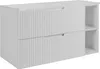 A white vanity cabinet with two drawers and an open shelf on the right side.