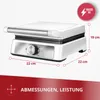 A white waffle maker with dimensions and power rating indicated by overlays. Produktbild-Vorschau