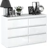 A white, modern dresser with six drawers, decorated with various items on top. Produktbild-Vorschau