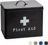 A black metal first aid box with a white cross and text. Produktbild-Vorschau