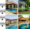A collage of four different outdoor living spaces, each featuring a pool or patio area. Produktbild-Vorschau