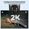 A security camera is shown above a split image of a fox, with one half in color and the other in grayscale, illustrating color night vision. The text highlights 'Intelligente 2K-Farbnachtsicht' and 'Bietet Ihnen Nachts eine Feine Farbbildqualität'. Náhled obrázku produktu