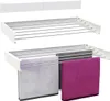 A white wall-mounted drying rack with multiple bars, shown empty and then with two towels hanging on it. Produktbild-Vorschau
