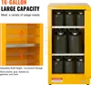 A yellow storage cabinet with its door open, showing multiple green canisters on shelves. A close-up inset shows the adjustable shelving system. Produktbild-Vorschau