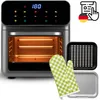 A product shot of an air fryer with accessories and marketing icons. Produktbild-Vorschau