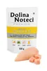 A product shot of dog food packaging with a raw chicken breast and cubes next to it. Podgląd zdjęcia produktu
