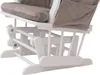 Close-up view of the base and mechanism of a white glider chair with gray corduroy cushions. Anteprima dell’immagine prodotto