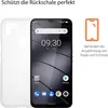 A clear phone case is shown next to a smartphone displaying the time and date. There is also a graphic illustrating a phone screen with text. Produktbild-Vorschau