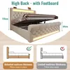 A beige upholstered bed with its storage compartment open, showing dimensions and mattress thickness information. Anteprima dell’immagine prodotto