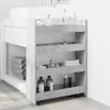 A slim storage cart with four shelves, filled with various bathroom items, placed next to a bathroom vanity. Podgląd zdjęcia produktu