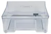A clear plastic crisper box from a refrigerator, shown from the front. Produktbild-Vorschau