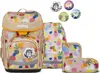 A set of school supplies including a backpack, a pencil case, and a pouch, all with a colorful polka dot pattern and animal patches. Voir les images du produit