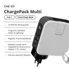 A product shot of a white and black power bank with text describing its features. Produktbild-Vorschau