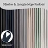 A display of various fabric colors, likely for curtains or drapes, with text highlighting durability and color options. Produktbild-Vorschau