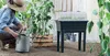 A person watering plants in a garden setting with a raised planter in the background. Produktbild-Vorschau