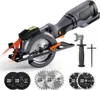 A DOVAMAN mini circular saw with laser guide, multiple saw blades, and an auxiliary handle, displayed on a white background. Produktbild-Vorschau