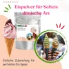 A collage of ice cream and packaging for ice cream powder. Produktbild-Vorschau