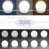 A collage of images showing makeup vanity lights with different brightness levels and colors, along with a control unit. Produktbild-Vorschau