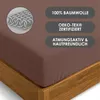 A close-up view of a brown fitted sheet on a wooden bed frame, with text overlays highlighting product features. Produktbild-Vorschau