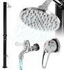 A collection of shower components, including a shower head, faucet, and a shower tower, with water depicted flowing from the shower head and faucet.