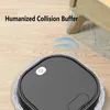 A robotic vacuum cleaner is shown on a wooden floor, approaching a piece of furniture. Text indicates it has a 'Humanized Collision Buffer'. Produktbild-Vorschau