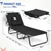 A black foldable lounge chair with dimensions and weight capacity indicated. Produktbild-Vorschau