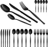 A collection of black cutlery, including spoons, forks, and knives, arranged neatly on a white background. Anteprima dell’immagine prodotto