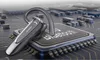 A Bluetooth headset is placed on a computer chip with circuit board traces in the background. Produktbild-Vorschau