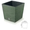 A square green planter with a textured surface, shown from a slightly elevated angle. A small diagram showing dimensions is in the lower right corner. Produktbild-Vorschau