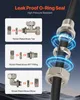 Diagrams showing different types of nickel-plated brass fittings with text descriptions, alongside a close-up of a hose connection with blue glowing rings. Voir les images du produit