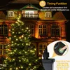 A decorated Christmas tree in front of a building at night, with text overlays explaining features. Produktbild-Vorschau