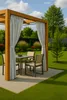 An outdoor patio set with a wooden pergola and gray curtains, set in a lush green garden. Anteprima dell’immagine prodotto