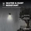 A wall-mounted light fixture is shown on a wall during a rainstorm, with text highlighting its water and dust resistance. Produktbild-Vorschau
