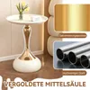 A round side table with a white top and a gold and white base, displayed in a modern interior setting. Insets show close-ups of the gold plating process and steel tubes. Produktbild-Vorschau