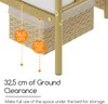 Close-up of a bed frame with a storage basket underneath, showing measurements for ground clearance. Produktbild-Vorschau